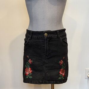 Floral Embroidered Black Mini Skirt